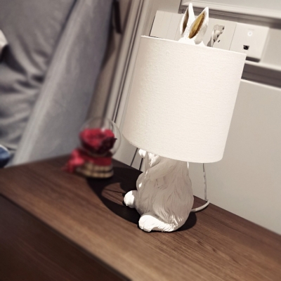 1-Light Rabbit Table Lamp Countryside White Resin Nightstand Light with Fabric Shade