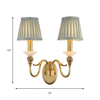 2 Heads Gooseneck Arm Wall Lamp Traditional Brass Metal Wall Mount Light with Blue Pleated Fabric Shade