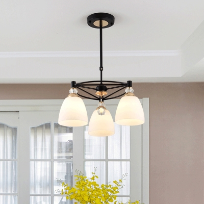 3/6-Head Dining Room Chandelier Lamp Modern Black Hanging Light with Bell Milk Frosted Glass Shade