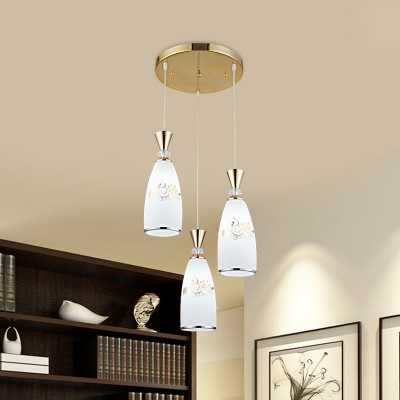 3-Head Bottle Cluster Pendant Light Country Style White Glass Petal Pattern Ceiling Hang Fixture with Black/Gold Round Canopy