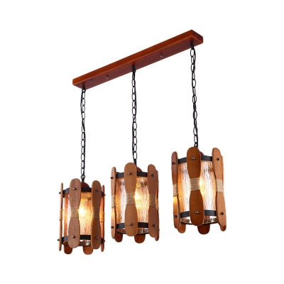 3 Heads Yellow Water Glass Pendulum Light Factory Brown Cylinder Dining Room Cluster Pendant with Wood Panel Deco