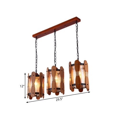 3 Heads Yellow Water Glass Pendulum Light Factory Brown Cylinder Dining Room Cluster Pendant with Wood Panel Deco