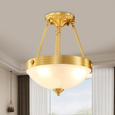 3-Light Bowl Semi Mount Lighting Retro Brass Matte Glass Ceiling Mount Chandelier