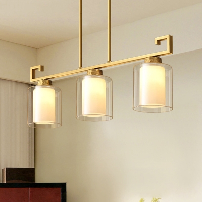 3 Lights Island Pendant Traditional 2-Shade Cylindrical Clear and Frosted Glass Hanging Lamp in Brass