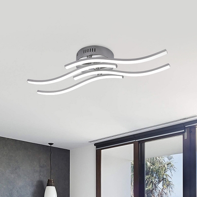 4-Waving Linear Semi Mount Lighting Modern Metal LED Nickel Flush Lamp Fixture, White/Warm Light