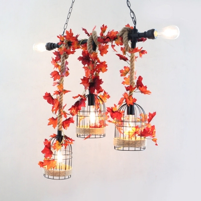 5 Lights Bird Cage Island Pendant Industrial Red/Rose Red Iron Hanging Light Fixture with Fake Leaf/Flower