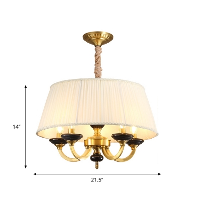5 Lights Ceiling Chandelier Vintage Style Drum Fabric Pendulum Lamp in White for Living Room