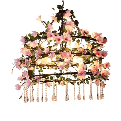6 Bulbs Chandelier Light Fixture Countryside 3 Tiers Flower Iron Hanging Lamp with Drape in Pink