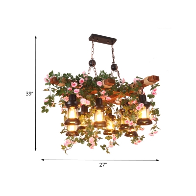 8 Lights Blossom Ceiling Chandelier Lodge Wood Clear Glass Drop Lamp with Lantern Shade