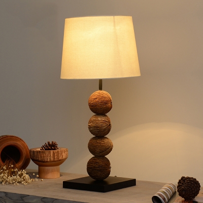 Barrel Shade Table Lamp Nordic Fabric 1 Head White Nightstand Light with Brown Nut Base