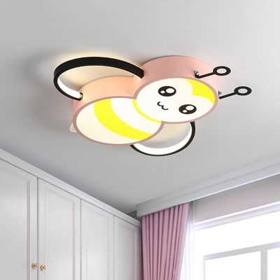 Bedroom LED Flush Light Kids Style Pink/Yellow Flushmount Ceiling Fixture with Bee Acrylic Shade