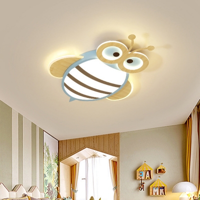 Bee Shape Acrylic Ceiling Flush Cartoon White/Pink/Blue and Wood LED Flush Mount Light for Kids Bedroom