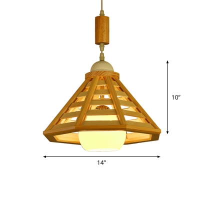 Beige Cone Cage Ceiling Pendant Light Modernist 1-Head Wood Hanging Lamp Fixture over Table