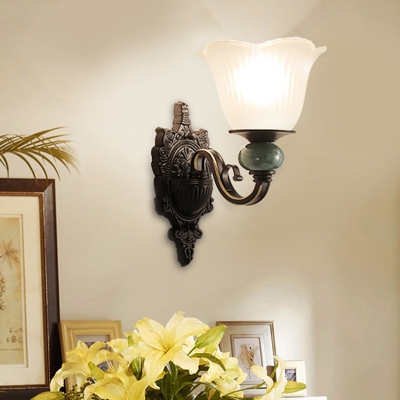 Black 1-Bulb Wall Sconce Lighting Traditional Opal Ribbed Glass Flower Up Wall Lamp Fixture