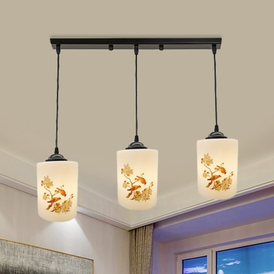 Black Cylinder Cluster Pendant Country White Glass 3 Lights Dining Room Hanging Lamp Kit with Floral Pattern, Round/Linear Canopy