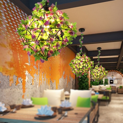 Black Geometric Cage Drop Pendant Antique Iron 1 Light Restaurant Flower Suspension Lighting