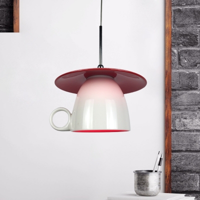 Black/Red/Blue Coffee-Cup Down Lighting Macaron 1-Light Ceramics LED Hanging Ceiling Lamp for Restaurant