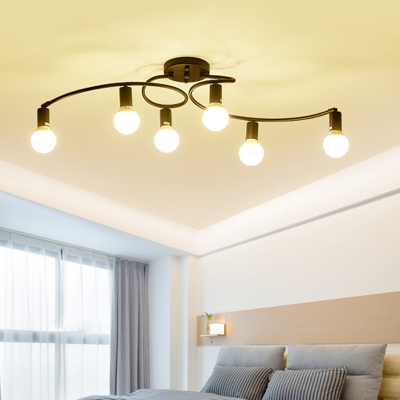 Black/White Swirling Semi Mount Lighting Modern 6 Heads Metal Ceiling Flush Light with Exposed Bulb Design