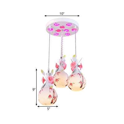 Blown Glass White Cluster Pendant Teardrop 3-Bulb Country Petal Hanging Light Kit with Bamboo Pattern