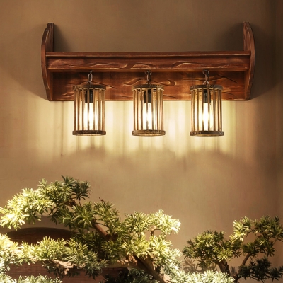 Brown 3-Bulb Wall Hanging Light Coastal Style Wood Cylinder Sconce Lighting Fixture for Bedroom