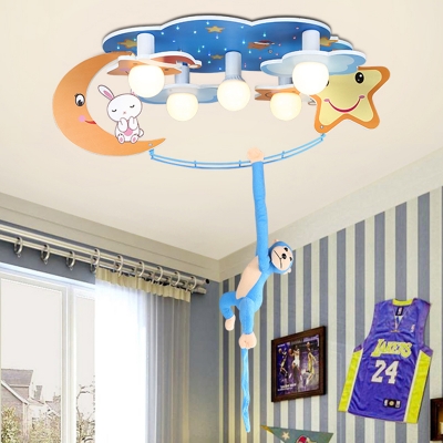 Cartoon Night Sky Metal Flush Light 5 Heads Close to Ceiling Lamp with Dangling Plush Monkey in Blue