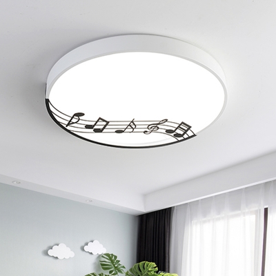 Circular Metallic Flush Ceiling Light Modern LED White/Black Flushmount Lamp with Music Notation Pattern