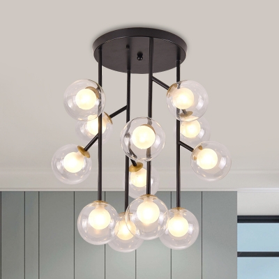 Clear Glass Orb Semi Flush Ceiling Light Modernist 9/12 Lights Flush Lamp Fixture in Black/Gold for Living Room