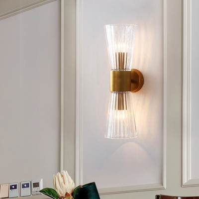 Clear Ribbed Glass Cone Wall Light Post-Modern 2 Heads Sconce with Brass Arm for Bedside