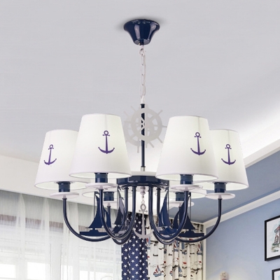 Coastal 5/6 Heads Ceiling Chandelier Blue Swooping Arm Hanging Lamp with Conical Fabric Shade
