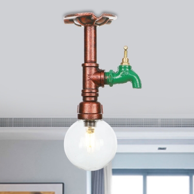 Copper Ball Semi Flush Mount Lighting Vintage Clear Glass 1 Bulb Restaurant LED Flush Lamp Fixture