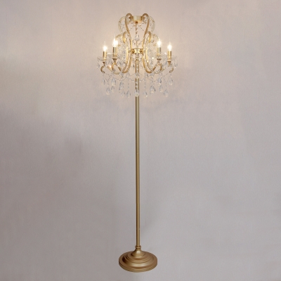 Crystal Strand Gold Standing Floor Light Candlestick 5 Heads Victorian Stand Up Lamp with Swirl Arm