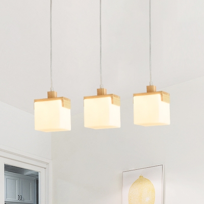 Cube White Glass Multi-Pendant Modernism 3 Heads Wood LED Ceiling Suspension Light