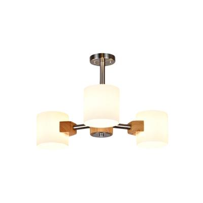 Cylinder White Frosted Glass Semi Flushmount Modernist 2/3 Bulbs Wood and Chrome Flush Ceiling Lighting