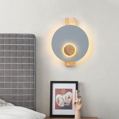 Disk Bedside Wall Mount Light Metal LED Minimalist Wall Sconce Lamp in Black/Grey/White with Wood Backplate