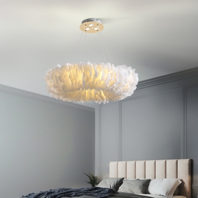 Doughnut Feather Chandelier Light Fixture Modern Fabric 3/6 Lights Bedroom Pendant Lamp in White/Grey/Pink