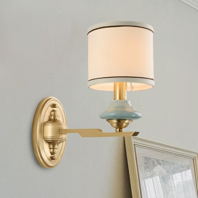Drum Beige Fabric Sconce Lamp Warehouse 1/2 Bulb Indoor Wall Mounted Fixture in Brass