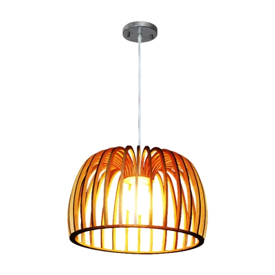 Drum Cage Kitchen Pendant Lighting Wood 1 Head Minimalist Ceiling Suspension Lamp in Beige