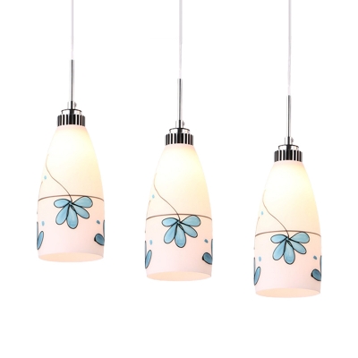 Elongated Dome White Glass Multi Light Chandelier Pastoral 3-Bulb Dining Room Ceiling Lamp with Black/Yellow/Blue Petal, Round/Linear Canopy