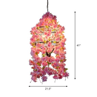 Factory Drum Cage Chandelier Lighting 3 Heads Iron Pendant Light in Pink with Artificial Flower