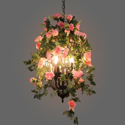 Farm Candlestick Chandelier Pendant Light 3 Heads Metal Flower Hanging Lamp in Black with Urn Wire Cage