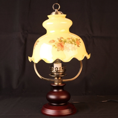 Floral Study Room Table Light Vintage White Printing Glass 1 Head Red Brown Night Lamp