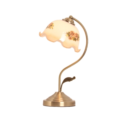 Flower Print White Glass Table Light Vintage 1 Light Study Room Reading Lamp in Brass