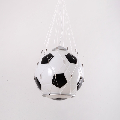 Football White Glass Pendant Lighting Cartoon 1 Light Black Hanging Ceiling Lamp with Mesh