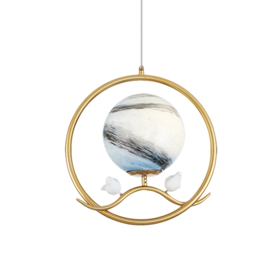 Gold Ring Pendant Light Post Modern 1 Light Metallic Hanging Ceiling Lamp with Planet Glass Shade and Bird Deco