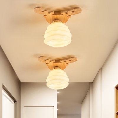 Honeycomb White Glass Ceiling Flush Designer 1-Light Wood Flushmount Lamp with Antler Canopy