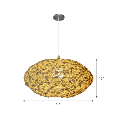 Horizontal Pendant Light Fixture Farmhouse Rattan 1-Light Beige Pendulum Light with Cocoon Detail