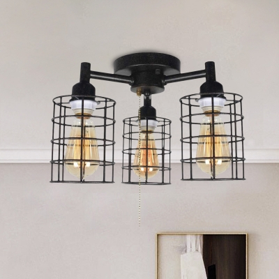 Industrial Cylinder Cage Semi Flush Lamp 3-Head Iron Flush Ceiling Light in Black with Pull Chain
