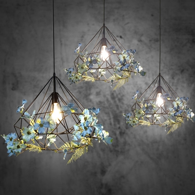 Iron Diamond Cage Ceiling Lamp 1-Light Restaurant Pendant Light Fixture with Flower Decor in Black, 18