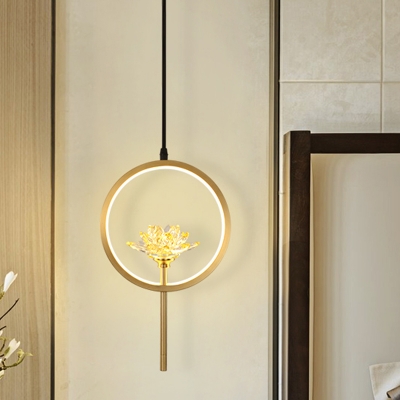 LED Ring Hanging Lighting Modern Gold Finish Metal Ceiling Pendant Lamp with Lotus Crystal Shade