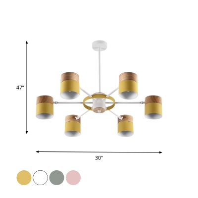 Macaron 6 Lights Chandelier Yellow/Pink/Grey-Wood Spliced Mug Shaped Pendant Lighting with Iron Swivel Shade